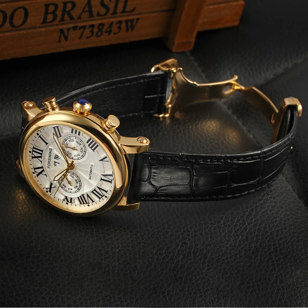 

Luxury Design Men's Mechanic Watches Leather Strap Butterfly Clasp Male Clock Auto Date Day Month Calendar Wristwatches for Man