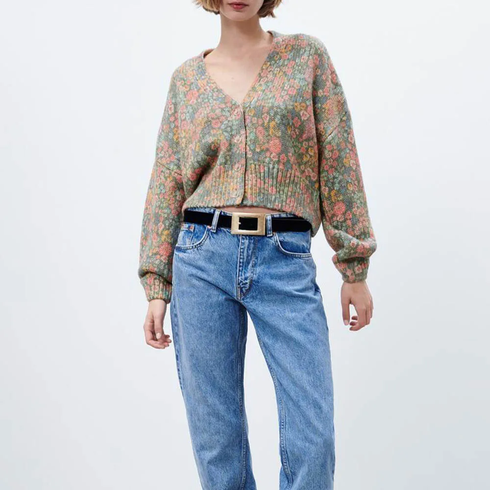 

Женский вязаный свитер Za, универсальный Повседневный Свободный пуловер с V-образным вырезом и декоративными цветами, Осень-зима 2021