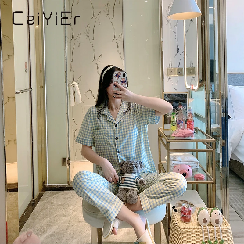 

CAIYIER Korean Plaid Girl Pajamas Set Cute Summer Short Sleeved Trousers Sleepwear Suitable For Women Causal Nightwear Homewear