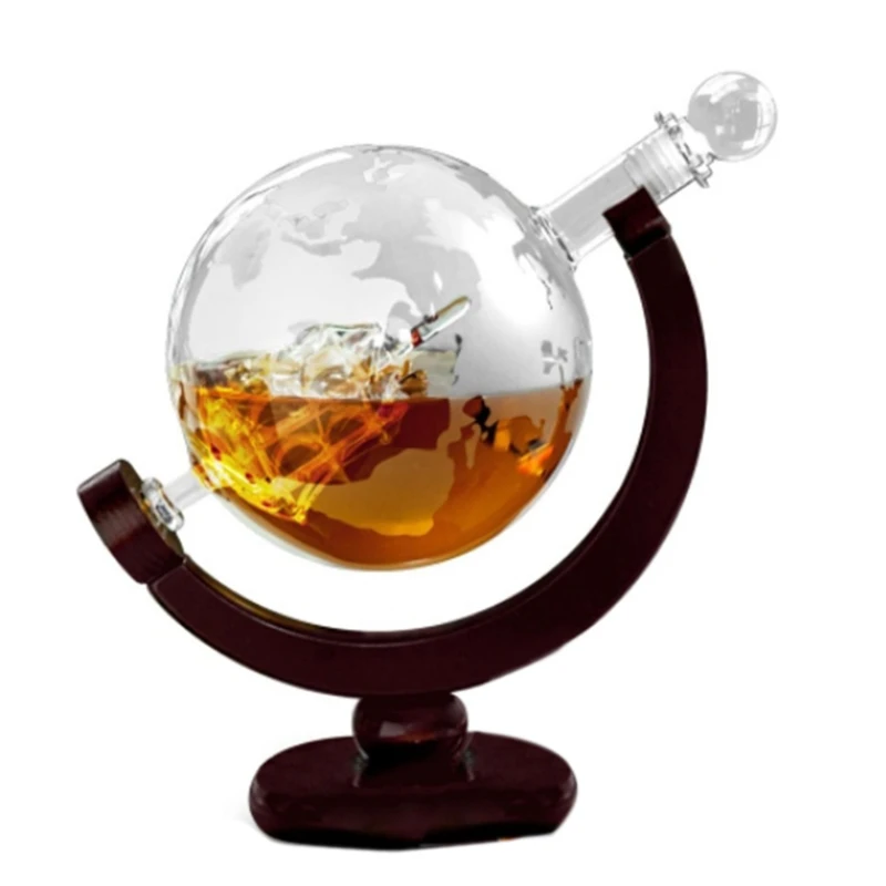 

H7JC 850ML Whiskey Decanter Antique Ship Whiskey Dispenser For Liquor Bourbon Vodka Wine Glass Decanter Globe with Wood Stand