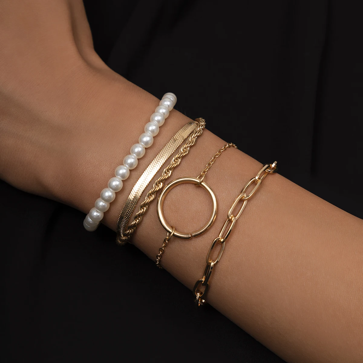 

Ingemark Punk Imitation Pearl Snake Chain Bracelet Set for Women Bohemia Multilayer Twisted Link Bangles Adjustable Jewelry Gift