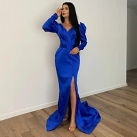 sexy v neck mermaid evening dress long sleeves women prom gown royal blue button split party gowns sashes robes de soir%c3%a9e
