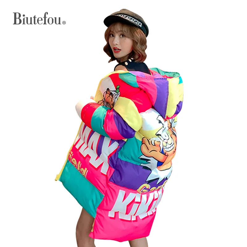 2019 Зимние Модные женские теплые пальто с капюшоном Длинные парки мультяшным