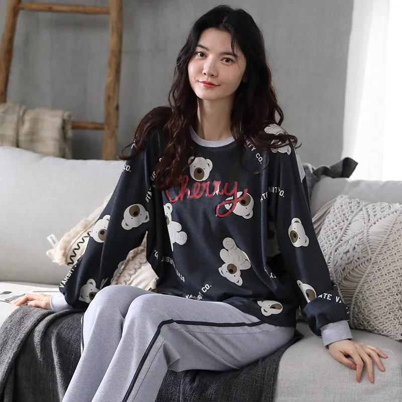 

Long Sleeve Cotton Pajamas Autumn Winter Keep Warm Pajama Sets For Women Cute Blue White Bear Pijamas Casual Soft Nightwear Set