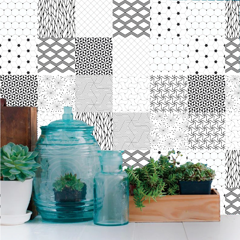 Плитка наклейки на стену виниловые черно-белые геометрические Plat Walpaper Наклейка в