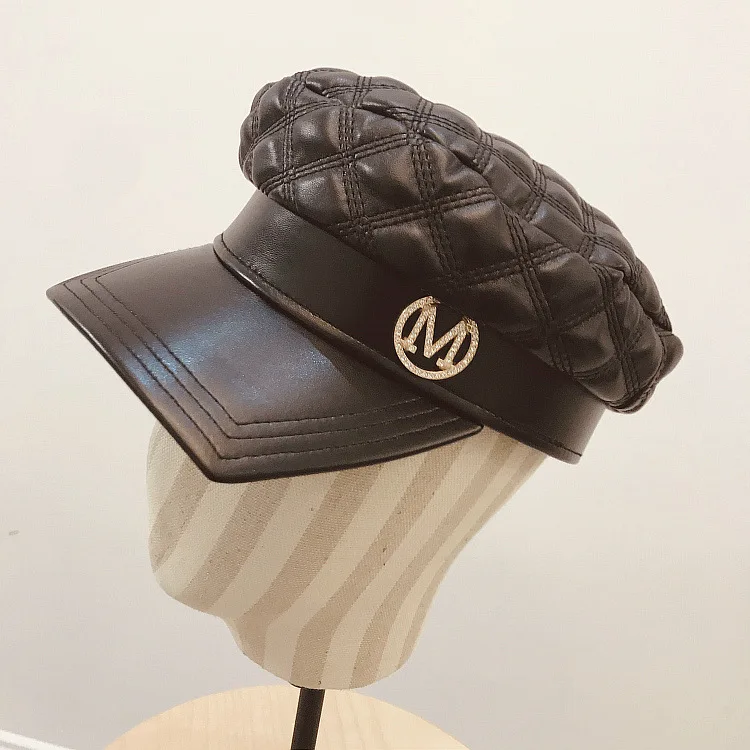 

Brand Letter M Leather Black Diamond Pattern High Quality Military Cap Peaked Cap