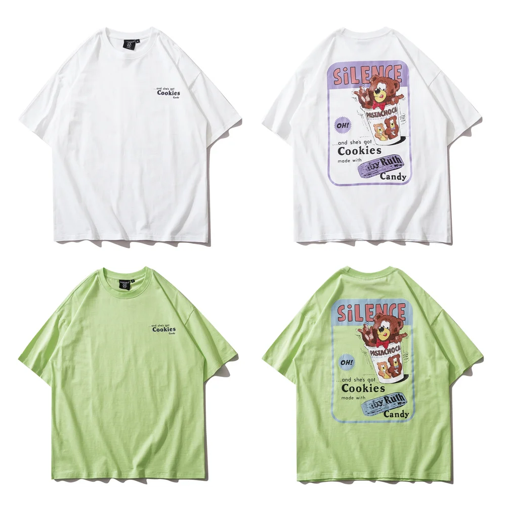 

LINDSEY SEADER Men's Oversize Hip Hop T-Shirt Cookies Bear Print Streetwear Harajuku Cotton Casual Short Sleeve Tshirt Tops Tees