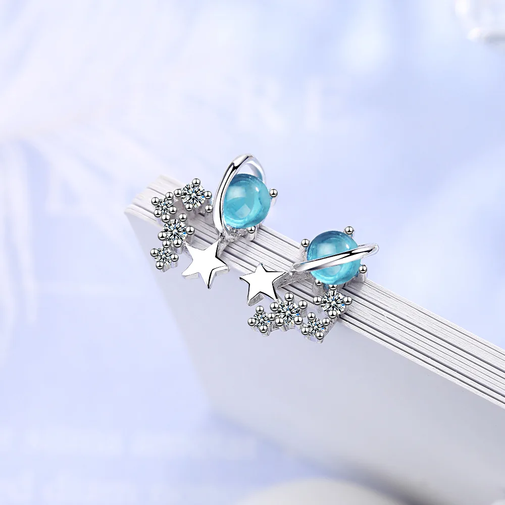 

2021 New 925 Sterling Silver Blue Crystal Planet Star Stud Earrings For Women Party Wedding Jewelry Pendientes eh219
