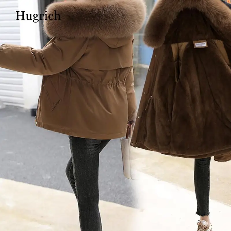 

Black Fur Lined Winter Jacket Women Short Parka Hooded Warm Slim Fit Padded Cotton Outwear
