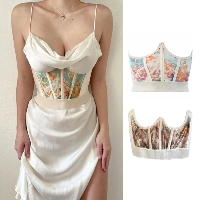 

Women Vintage Angel Printed Corset Wrap Girdle Fish Boned Fitness Waist Shaper Underbust Bustier Cincher Elastic Slimming C6UD