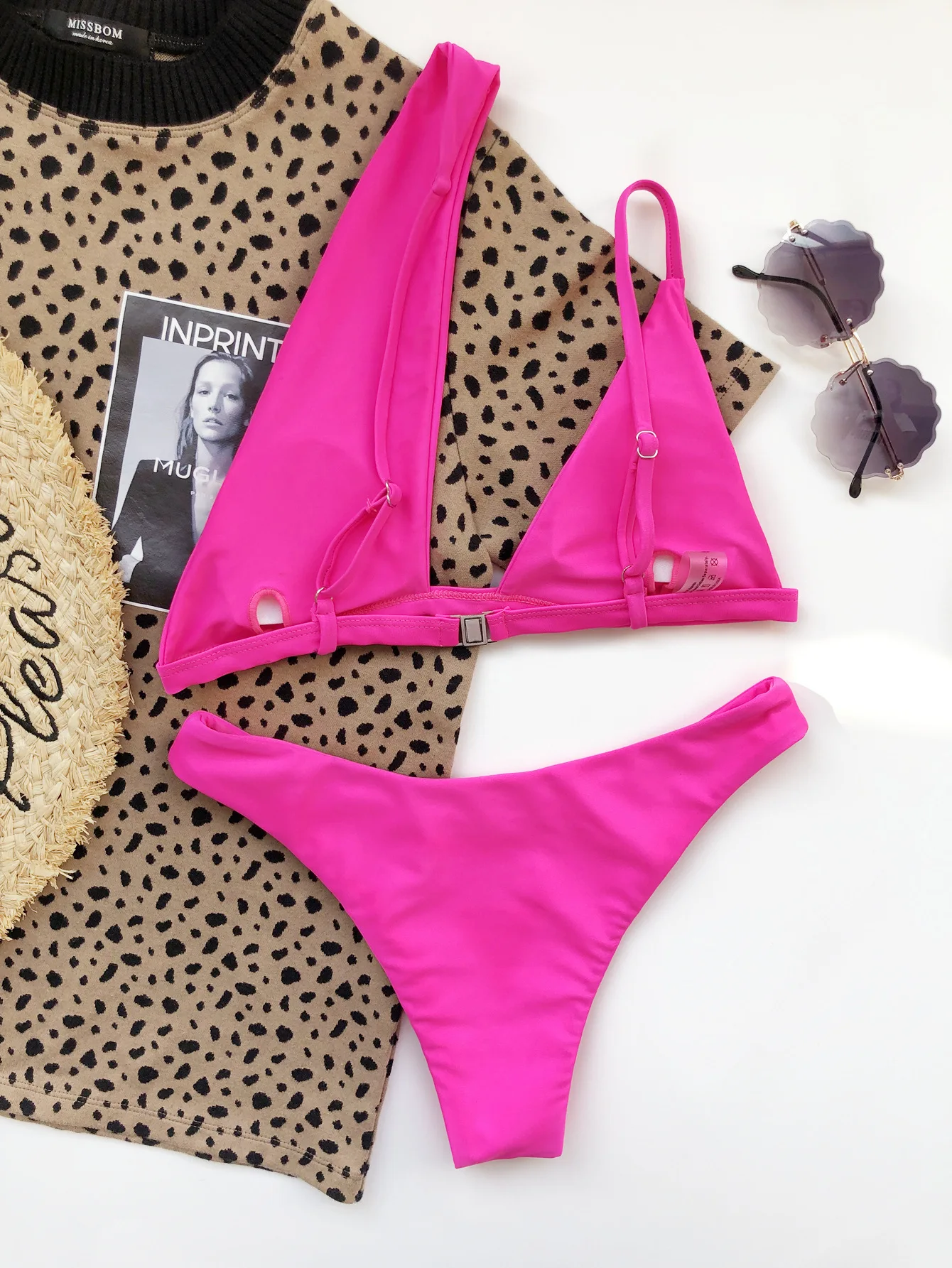 

One Shoulder Hot Pink Swimsuit Cut Out Bikinis V Waist 2 Piece Set Women Push Up Swimwear White Bikini Bathing Suit Women