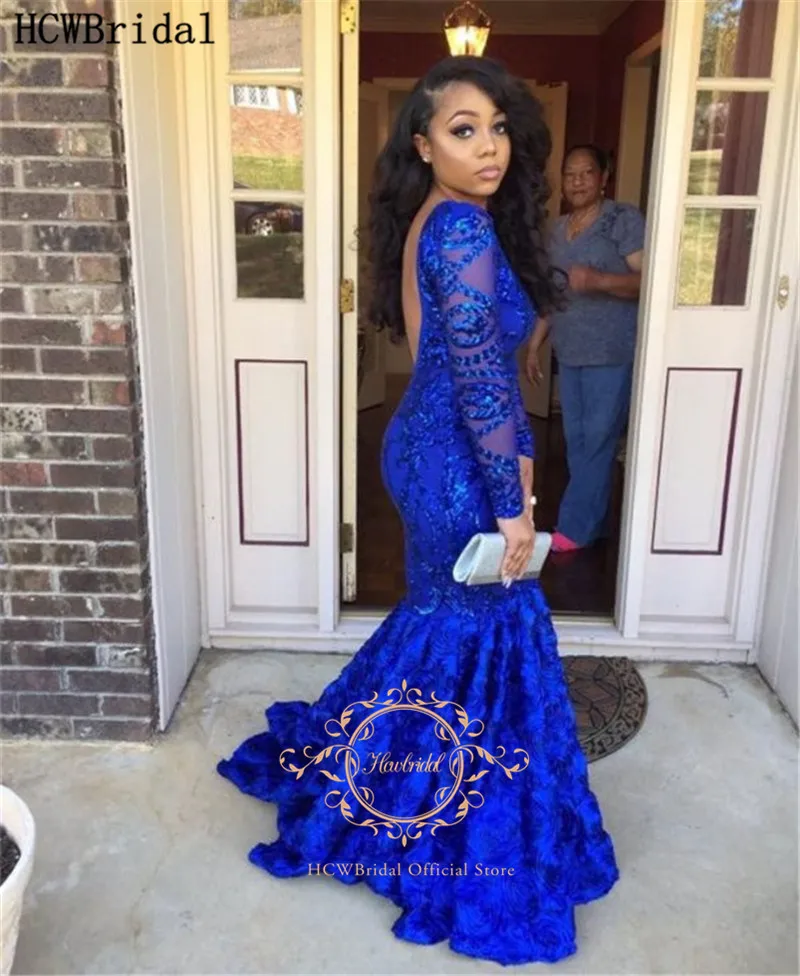 

Royal Blue 3D Flowers Sequins Mermaid Evening Dress With Long Sleeves Backless Sexy Black Girls Graduation Prom Gown Robe Soiree