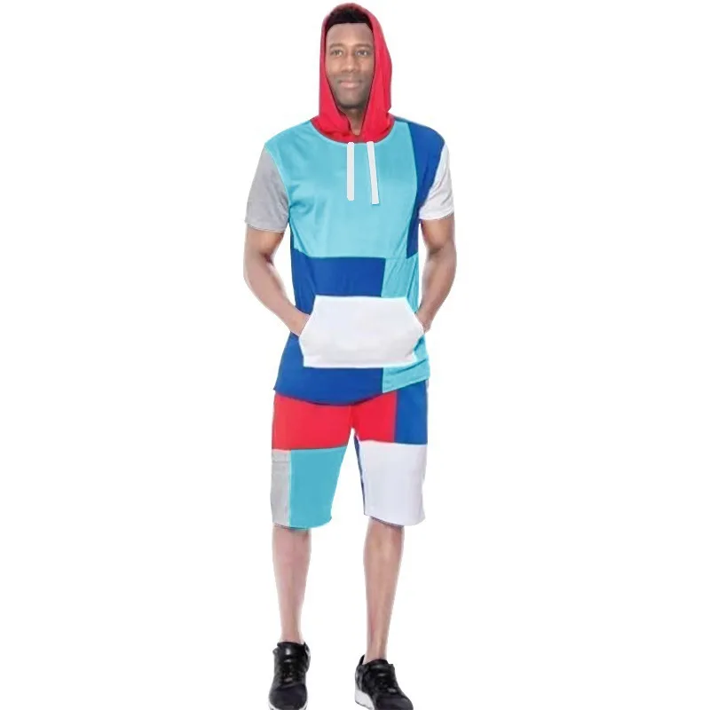 

Summer men's sports suit color matching hooded fashion short-sleeved shorts sports suit leisure fitness jogging two-piece suit