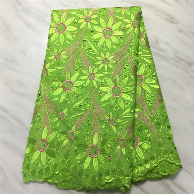 

5Yards/pc Nice Looking Lemon Green Embroidery African Cotton Fabric Flower Swiss Voile Dry Lace For Dressing PL12434