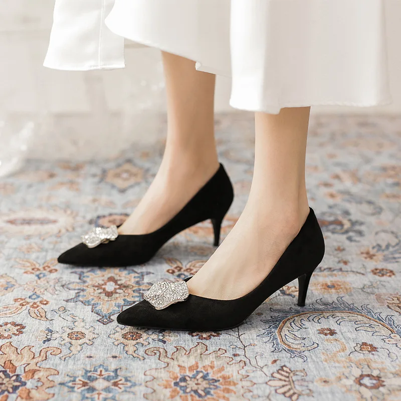 

Black High heels Women Pumps Suede Pointed Toe OL Office Ladies Shoes 2021 New Stiletto Female Party Shoes Elegant Casual Shoes