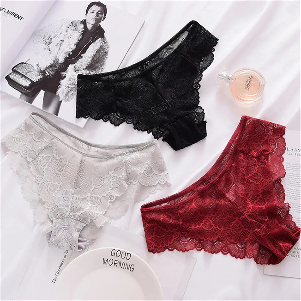 

3Pcs Women Sexy Lingerie Thong Perspective Underwear Floral Lace Underpants Solid Color Briefs Hot Lady Female Lace Panties M-XL