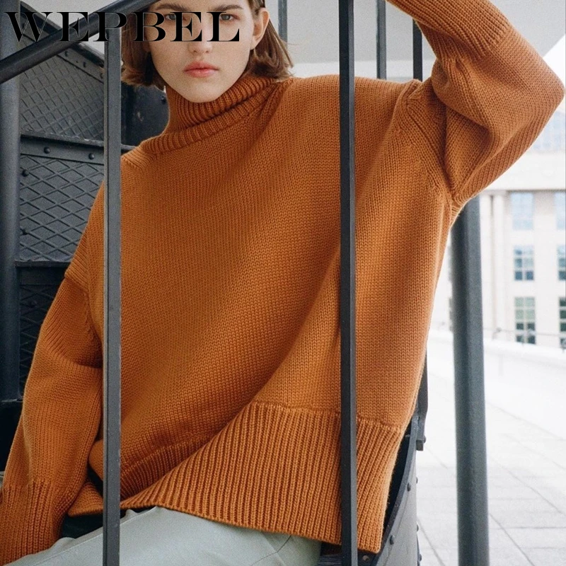 

WEPBEL Women Autumn Winter Elegant Loose Knitted Pullover Sweater Ladies Warm Solid Long Sleeve Turtleneck Knitwear Outerwear