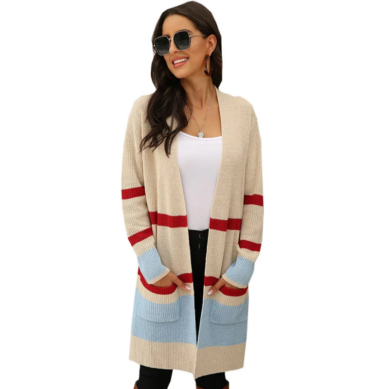 

Fashion Temperament Women's Casual Double Pocket Stitching Striped Knitted Sweater Autumn And Winter Stretch Sweater Coat