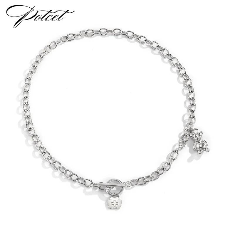 

POTCET Unisex Doctor-patient Bear Necklace Pendant Clavicle Chain Geometric Fashion Hip Hop Party Jewelry