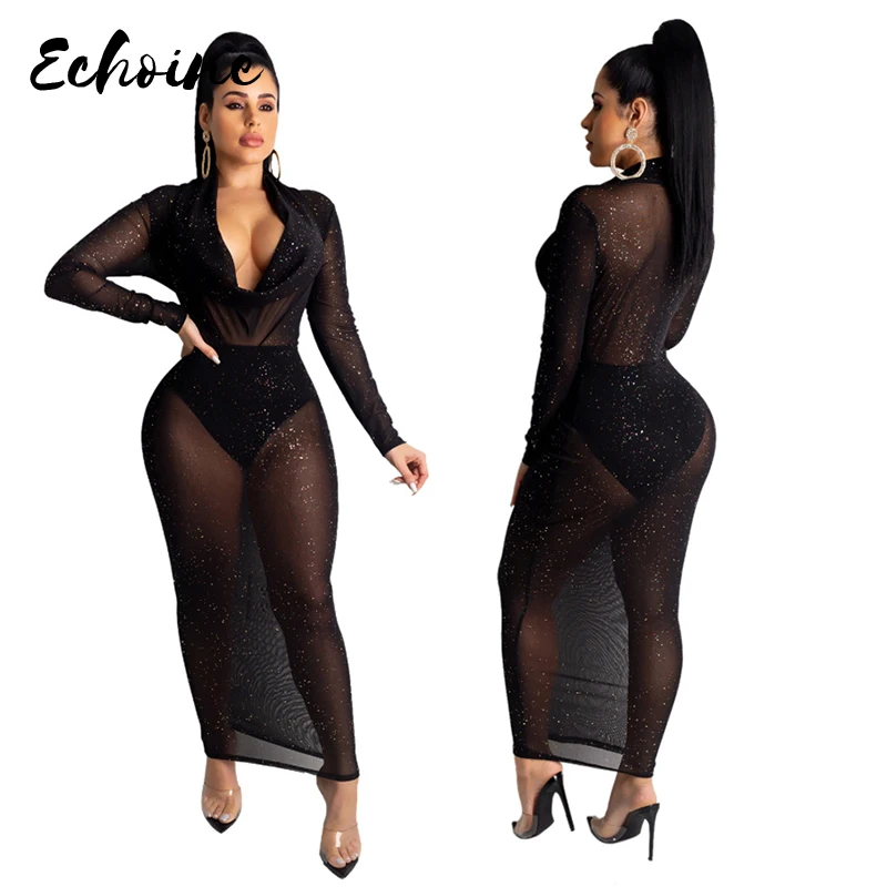 Женское сексуальное черное прозрачное Сетчатое Прозрачное Платье макси с