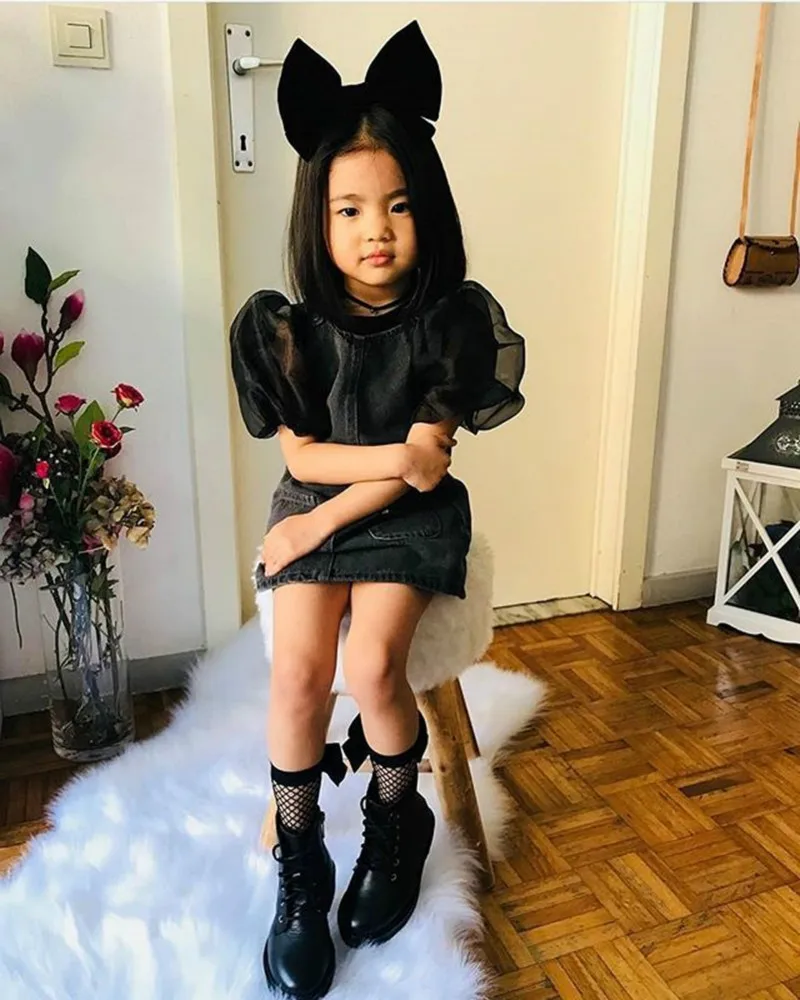 Детская одежда Комплект для девочек Однотонные Цвет Черный Модные топы с пышными