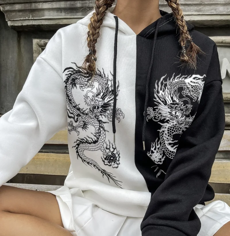 

Autumn Women's Loose Hoodie Black and White Chinese Dragon Print Fashion Trend High Aesthetic Pullover Sweatshirt Street Clothes
