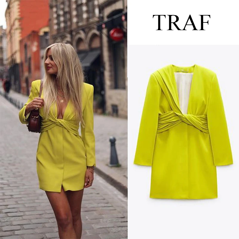

TRAF ZA Women's Clothing Commute Dress Elegant Fashion Vintage Summer Dresses Chic Deep V-Neck Long Sleeve Sundress Office Lady