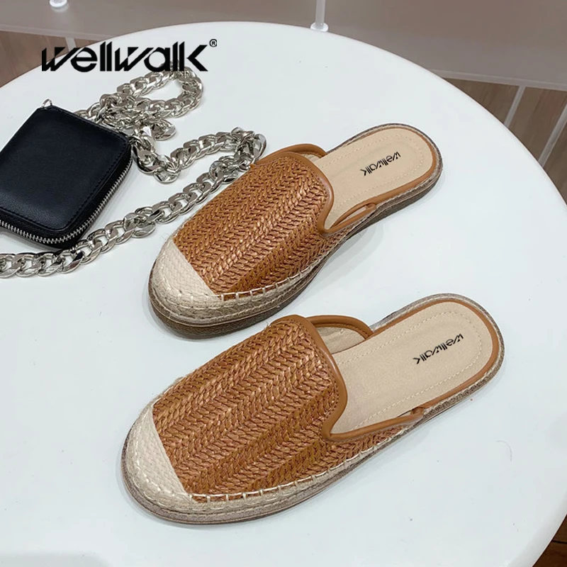 Соломенный коврик Обувь без задника Женские тапочки на плоской подошве