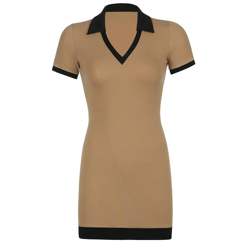 

Short Sleeve Casual Dress Bodycon V-neck Fashion Party Patchwork Color Dresses 2021 Summer Turn Down Collar Elegant Dress