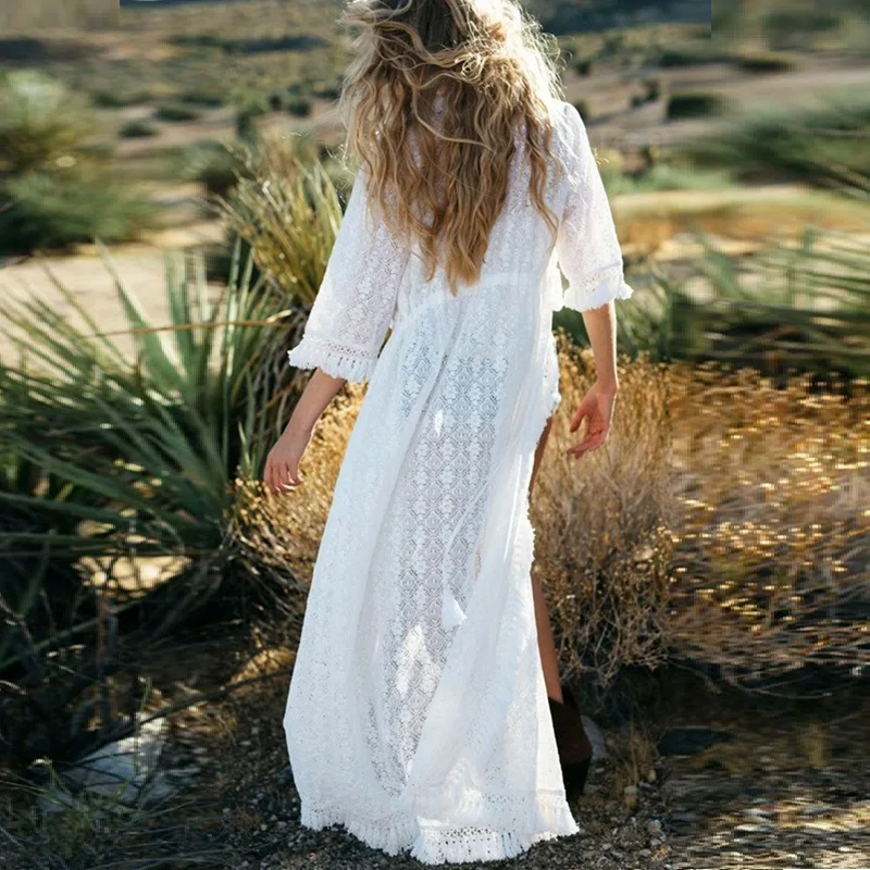 

2021 New Long Cardigan Beach Wear Cover Up Women White Kaftan Beach Dress Tunic Lace Pareo Bikini Cover-Ups Sexy Robe de Plage