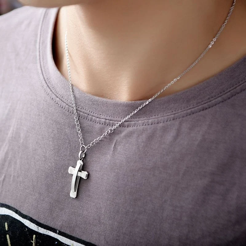 

Cross Pendant Necklace Stainless Steel Curb Cuban Link Gold Silver Color Unisex's Curved Chain Crucifix Men Women