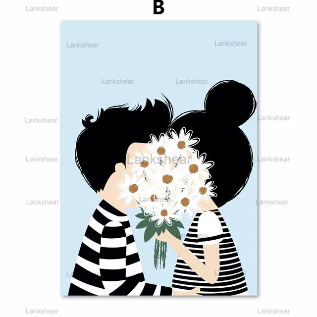 

Nordic Canvas Painting Cartoon Girl and Boy Kiss Flowers Wall Art Posters and Art Picture Kids Room Bedroom Home Decor Unframed
