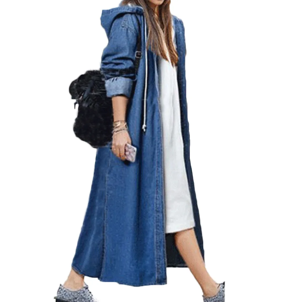 Женское джинсовое пальто с открытым капюшоном однобортное длинное осенняя