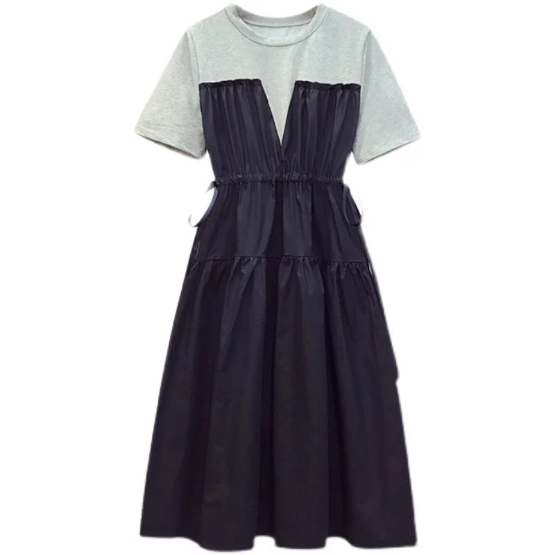 

4XL Plus Size Hit 2021 Summer Patchwork Dress For Women Short Sleeve O-Neck Ruffles Drawstring Casual Loose Midi Dresses
