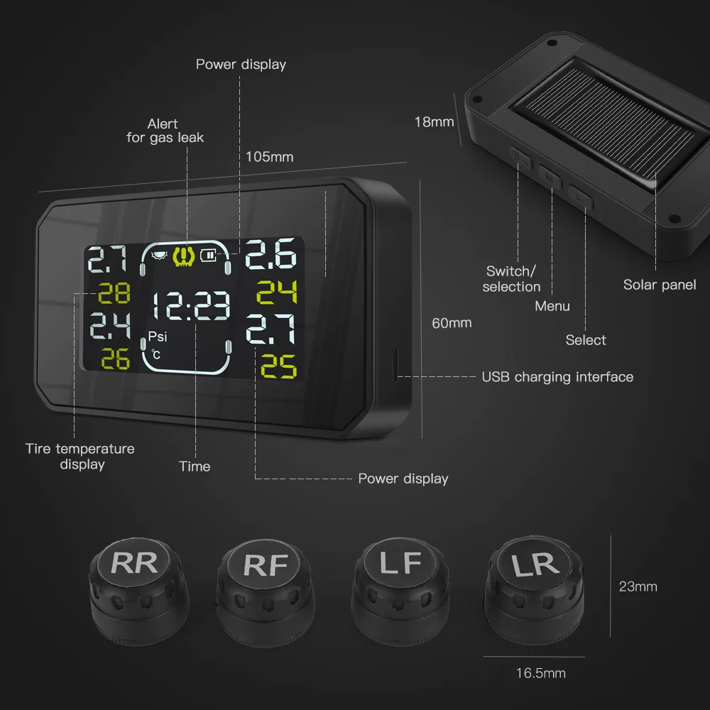 Solar Charging Tire Pressure Monitor System TPMS with LCD Display Wireless monitor for RV and light truck | Автомобили и