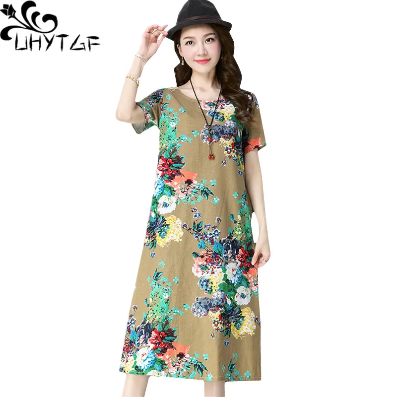 

UHYTGF 5XL big size dress women fashion print summer dress temperament mom casual dresses Ethnic style elegant dress vestido545