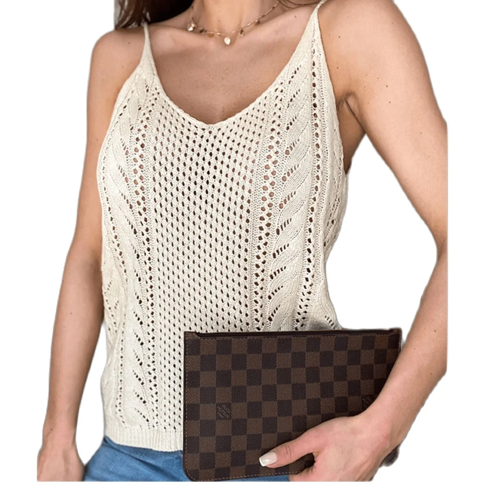 

Summer Sling Knitted Tank Tops Women Casual Solid Sleeveless Hollow Out Vest Sexy Off Shoulder Knitted Pullover Female Camisole