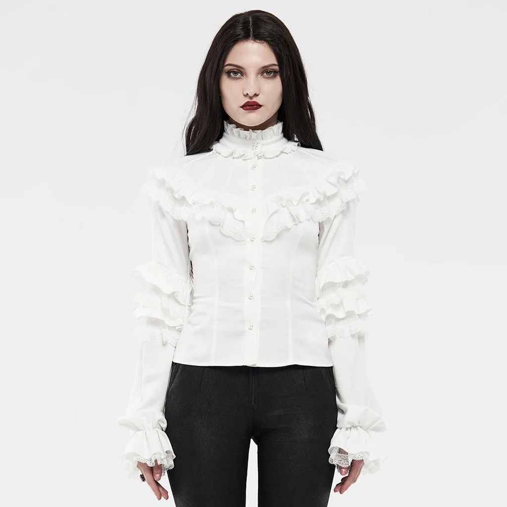 PUNKRAVE Women's Lolita Lace Shirt Gothic Gorgeous Double-layer Lotus Leaf Edges Party Prom Long Sleeve Blouses Shirts