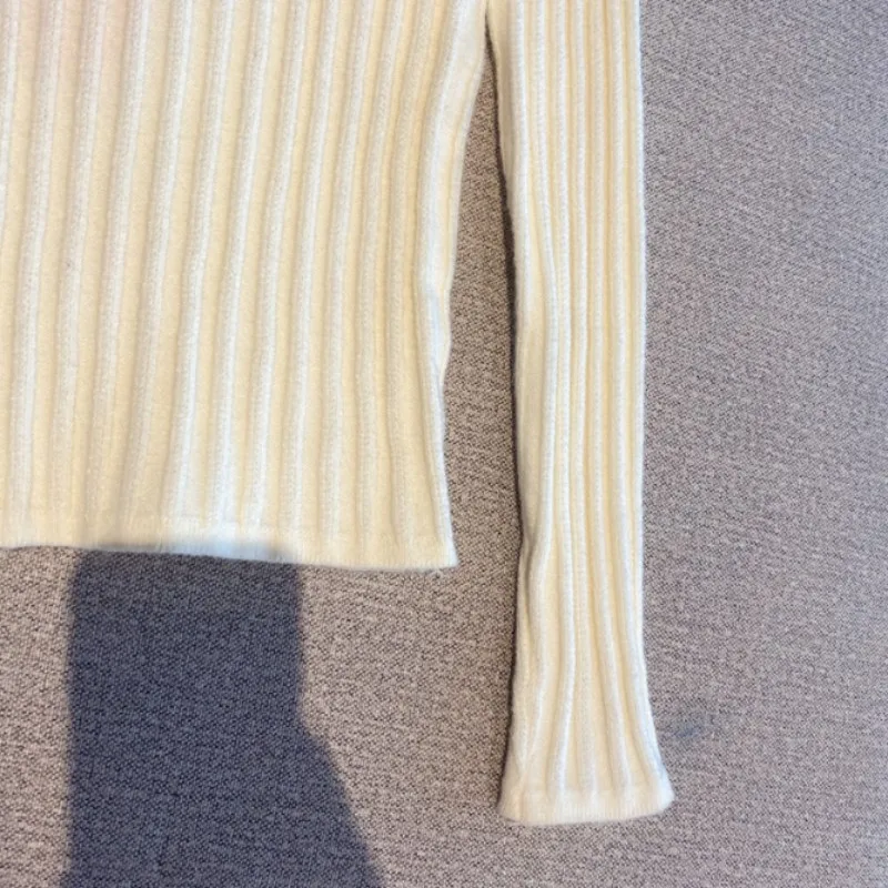 

Light-Yellow Sweater Office Lady V-Neck Handmade Flower Trim Knitting Pullover Long-Sleeve Slim Tops Spring Autumn Korean Women