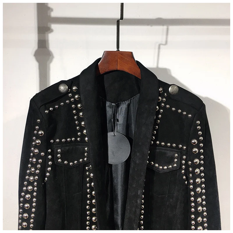 Мужской пиджак черный оленья кожа ручная работа серебряный для вечеринки