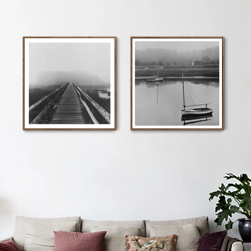 Современный Черный и белый деревянный мост пейзаж Плакаты Hd печати северных