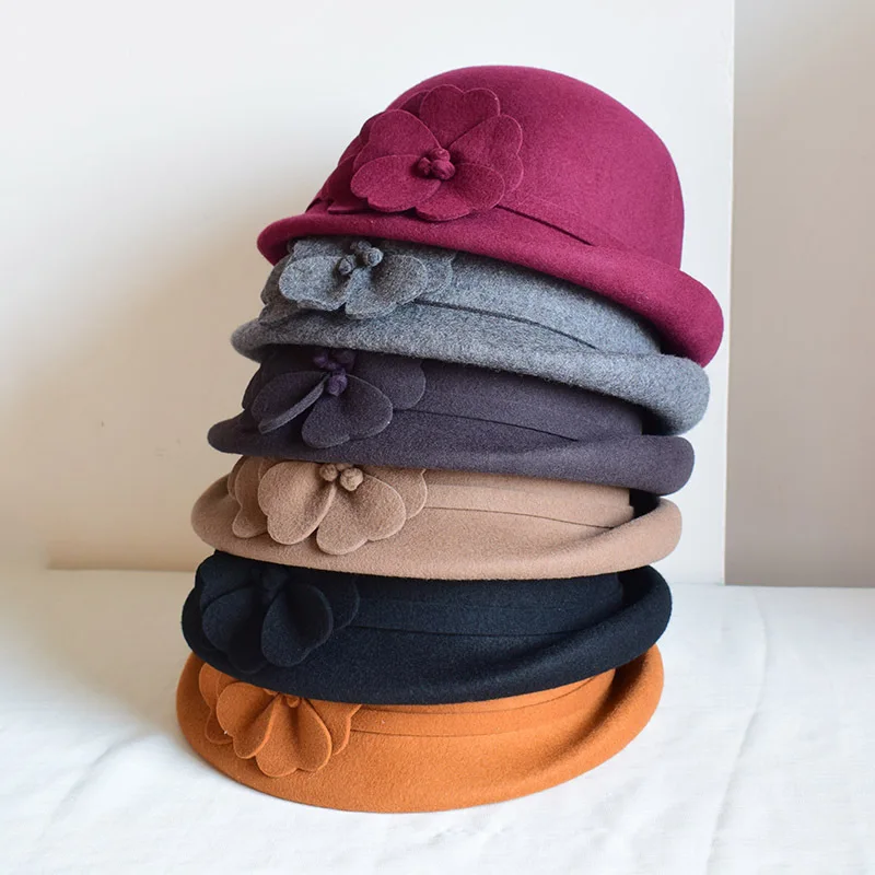 

Autumn Winter Fedora Hat Women Wool Fashion Vintage Flowers Wedding Hat Lady Girls England Elegant Painter Hat Ladies Hats