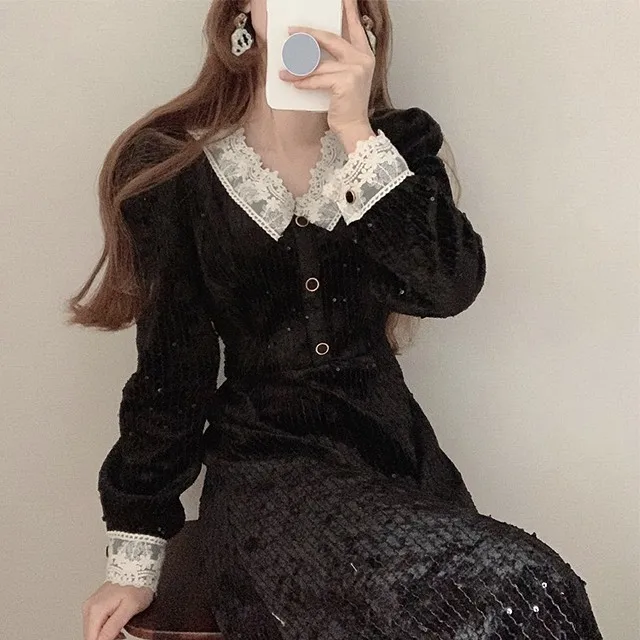 Женское платье средней длины элегантное кружевное с V образным вырезом и