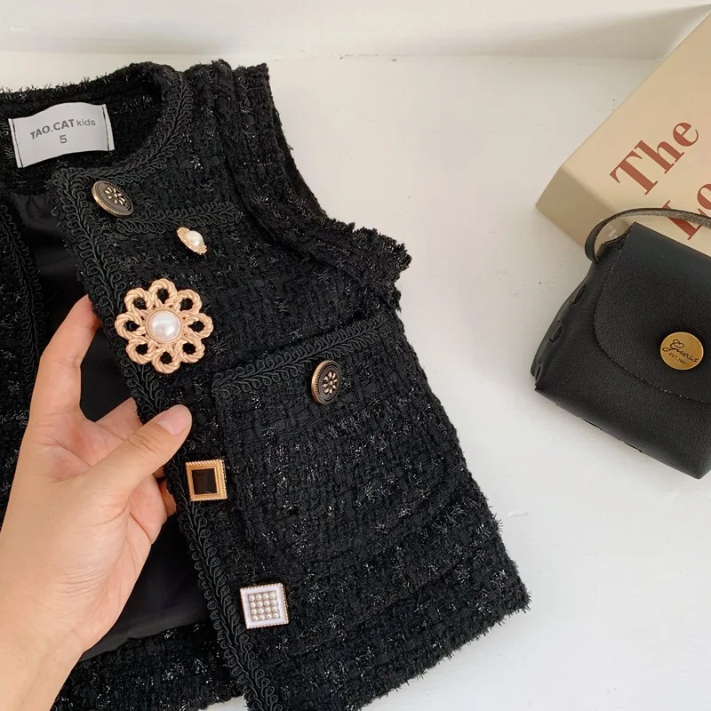 WLG/модный жилет для девочек детский осенний Черный Алмазный с цветочным рисунком