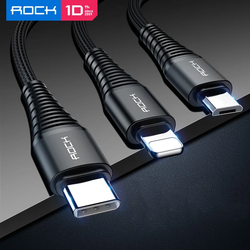 3 в 1 usb type C Micro USB и зарядный кабель для iPhone зарядное устройство ROCK Hi tension X 8 7 6