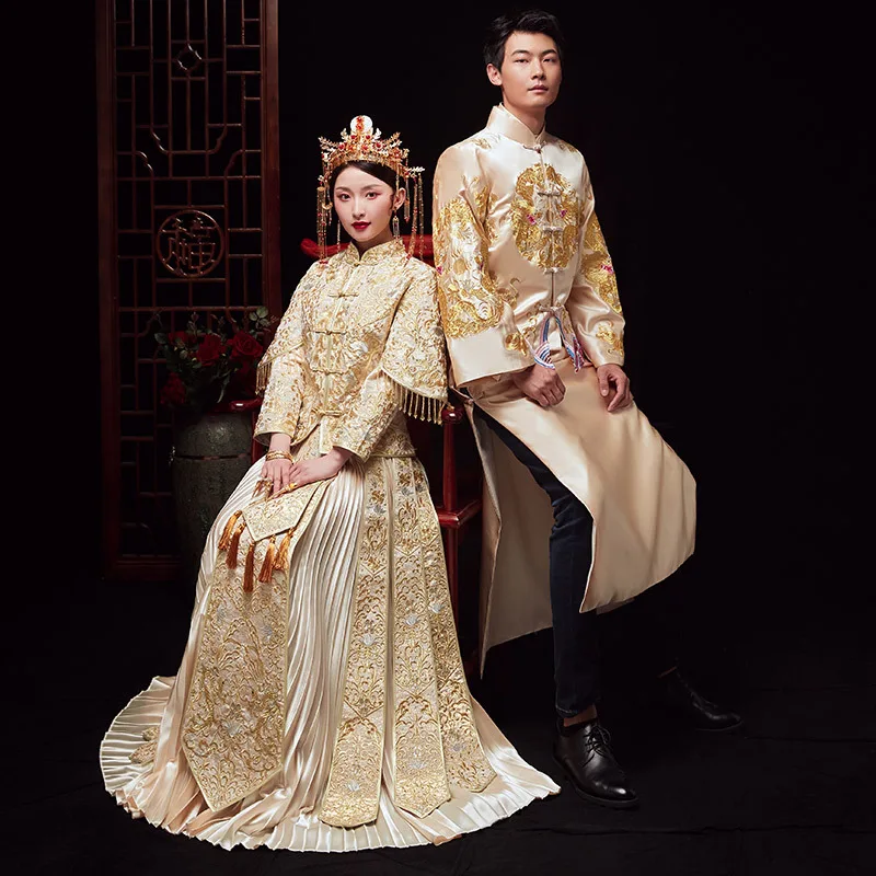 

Champagne Couple Wedding Clothing Chinese Style Marriage Set Suzhou Embroidery Bride Bridegroom Costume Vintage Toast Clothing