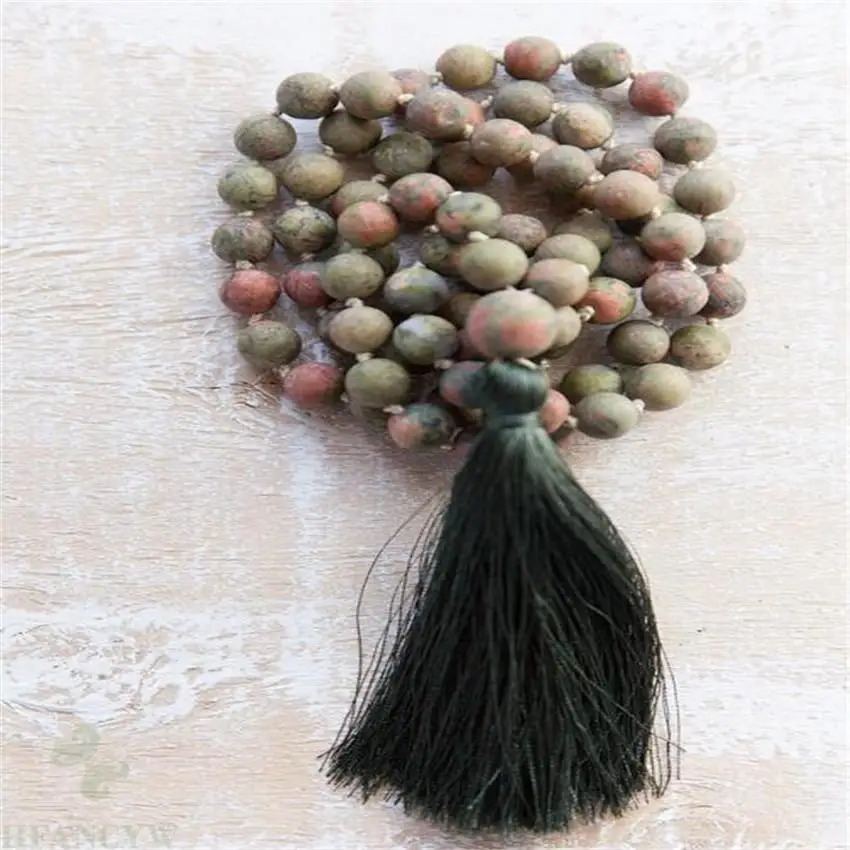 

6mm Natural Frosted epidote 108 Beads Tassels Mala Necklace classic Lucky Wrist pray cuff Wristband