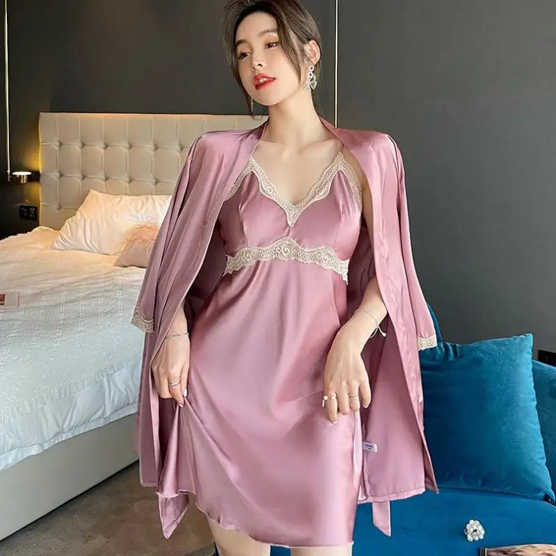 

Women&Men Satin Pajamas Set Spring Summer 2PCS Sleepwear Silky Lace Kimono Gown Couple Pijamas Suit Casual Sleep Set Home Wear