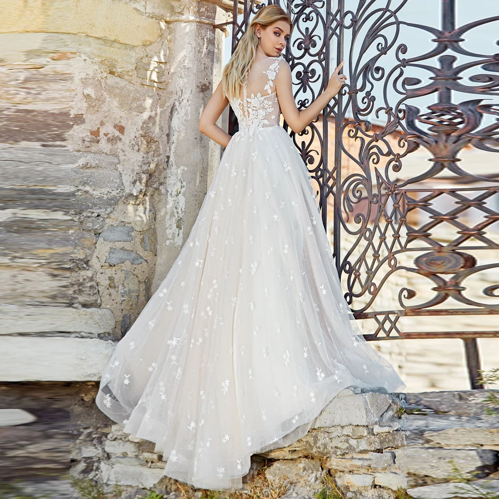 

Vestidos Elegant Wedding Dresses Tulle Illusion Appliques V-Neck Sleeveless Covered Button Ball Bridal Gowns