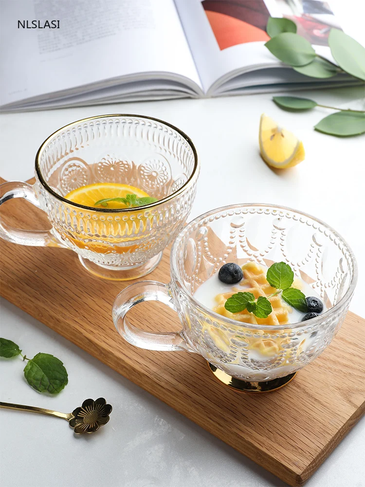 

Retro embossed Phnom Penh heat-resistant glass with a handle large capacity cold drink yogurt coffee cup milk oatmeal cup